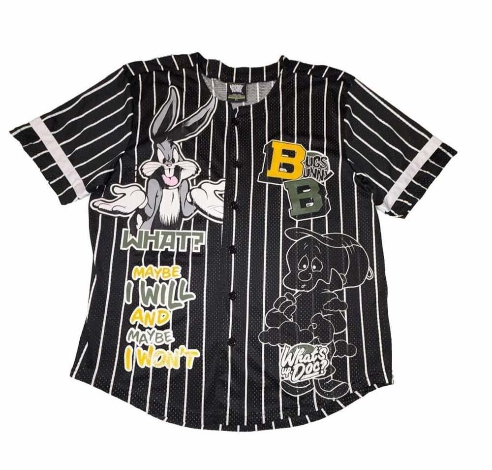 Looney Tunes Bugs Bunny Black Pinstripe Mesh Button-Up Baseball Jersey Size XL